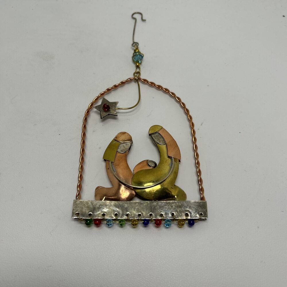 Vtg Copper/Brass Nativity Holy Family Hand Crafted Metal Hanging Ornament